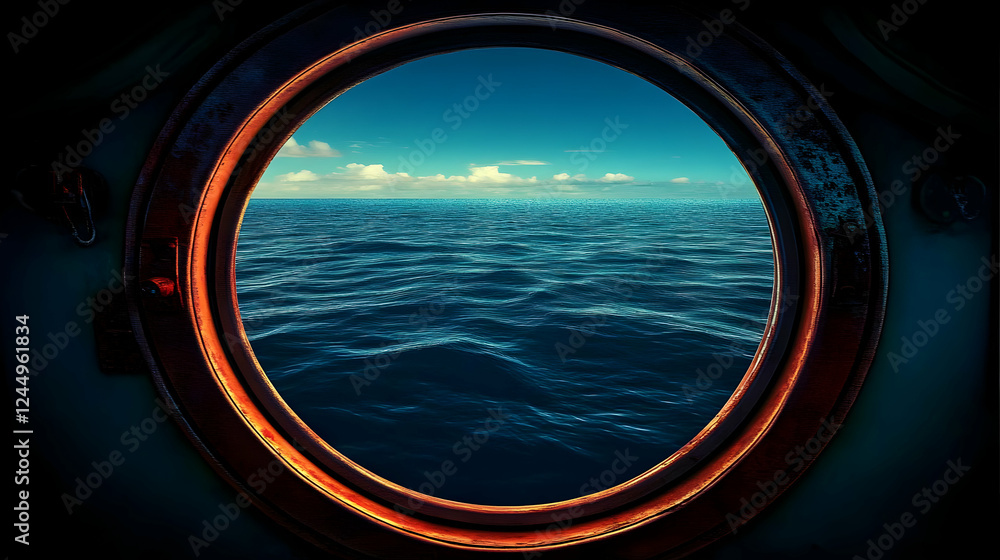Fototapeta premium Oval Porthole Frames a Serene Ocean View with Blue Sky and Clouds Under Sunlight, Calming Seascape.