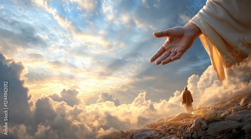 Divine Hand Revelation: celestial cloud, sacred gesture, heavenly presence, spiritual guidance, ethereal light, divine support, faithful connection, godly intervention, holy symbol, eternal grace.