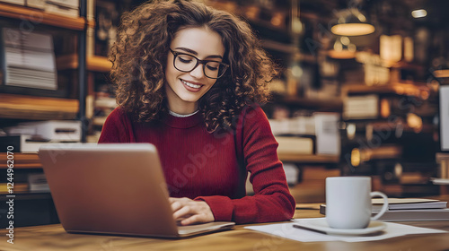 Smiling Woman Works on Lapt...