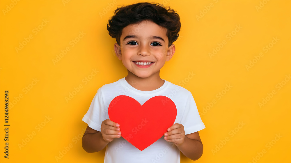 Smiling Child Holds a Red Paper Heart, Showing Love and Affection on a Yellow Background Smiling Child Holds a Red Paper Heart, Showing Love and Affection on a Yellow Background
