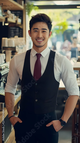 Confident Barista Smiles in...