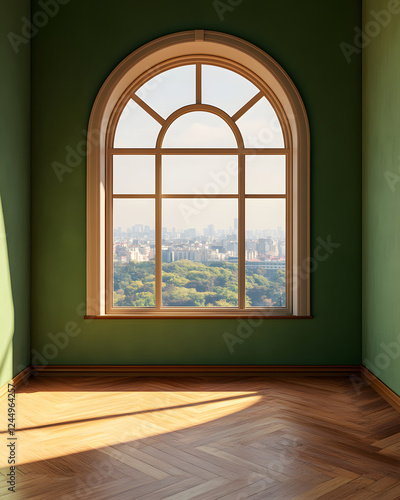 A Scenic View from a Stylish Window Framed by Elegant Green Walls and Wooden Flooring