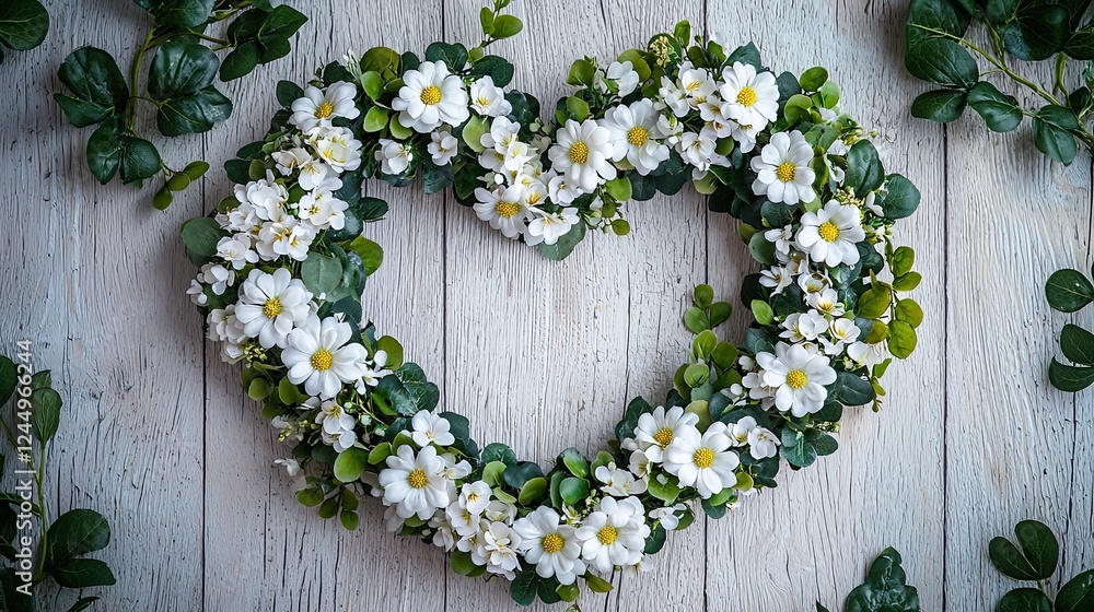 Floral heart-shaped wreath made with white daisies and green leaves on a wooden background Floral heart-shaped wreath made with white daisies and green leaves on a wooden background