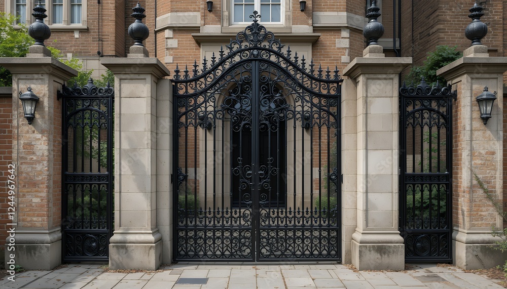 Ornate Black Wrought Iron Gates of a Brick Mansion Ornate Black Wrought Iron Gates of a Brick Mansion