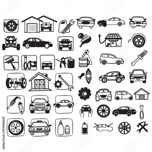 Car icon collection vector illustration. Car service and repair icons element. Contains car wash, vehicle, garage, engine, oil, maintenance, accelerate and brake icons
