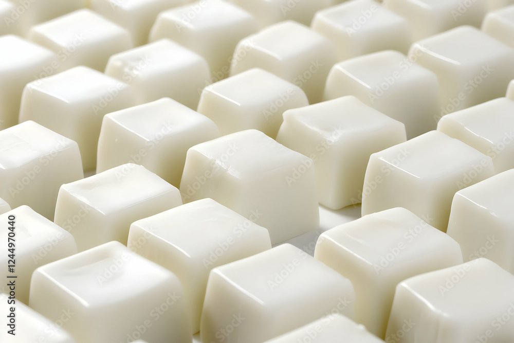 White chocolate cubes, arranged, studio, background blurred, dessert White chocolate cubes, arranged, studio, background blurred, dessert