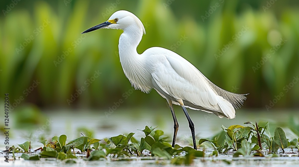 Elegant white heron stands gracefully among water lilies during a sunny day at a wetland area Elegant white heron stands gracefully among water lilies during a sunny day at a wetland area