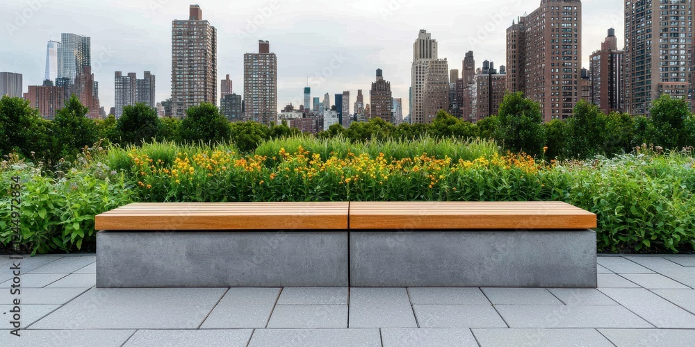 Fototapeta premium Urban Park Bench with City Skyline Background