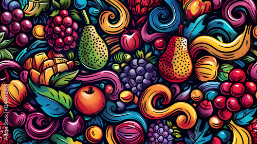 Vibrant and colorful fruit pattern with swirling leaves and abstract shapes in a lively design photo