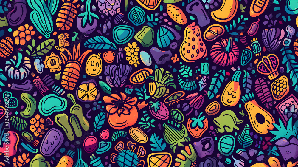 custom made wallpaper toronto digitalColorful abstract pattern featuring various fruits and vegetables on a dark background