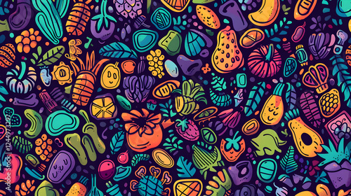Wallpaper Mural Colorful abstract pattern featuring various fruits and vegetables on a dark background Torontodigital.ca