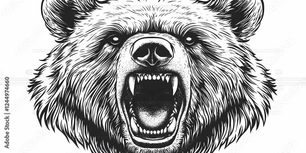 Fototapeta premium Detailed Illustration: Roaring Bear Head Shows Sharp Teeth and Fur Details Aggressively
