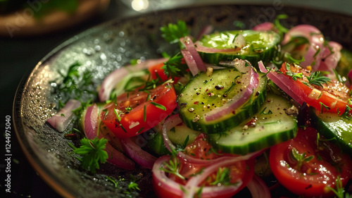 A deliciously refreshing salad made with fresh cucumbers, crisp red onions, and ripe tomatoes, lightly dressed with lemon vinaigrette photo