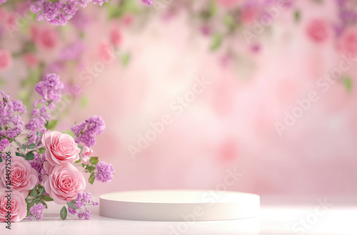 beautiful 3D podium surrounded by pink roses and purple flowers, set against soft pink background, creating serene and elegant atmosphere