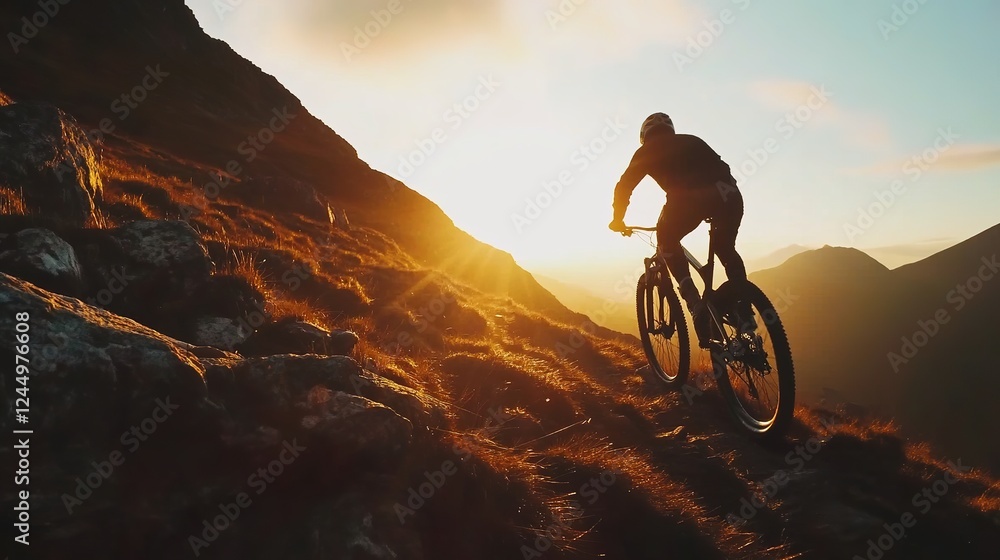 Low Angle View of Cyclist Riding Mountain Bike on Rocky Trail at Sunrise: Capturing the Essence of Adventure and Nature Low Angle View of Cyclist Riding Mountain Bike on Rocky Trail at Sunrise: Capturing the Essence of Adventure and Nature