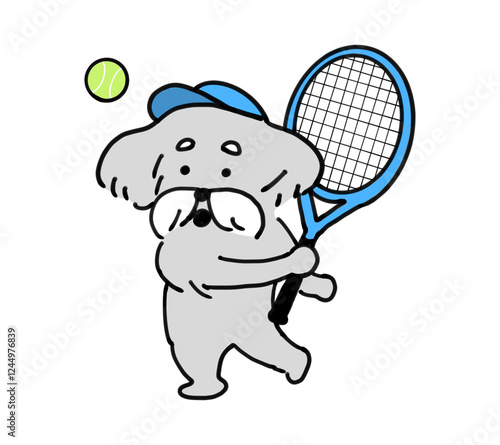 青いラケットを持ちテニスをする手描き犬