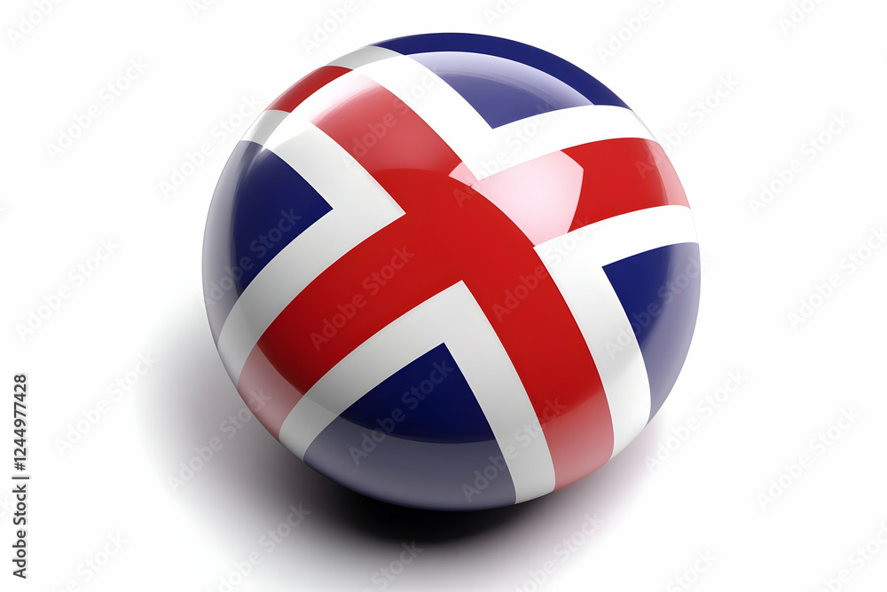 Glossy Sphere Shows a Flag Design with Red Cross on Blue and White Background Glossy Sphere Shows a Flag Design with Red Cross on Blue and White Background
