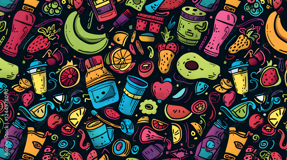 Fototapeta premium Colorful pattern of fruits and beverages with a dark background, ideal for food-related designs