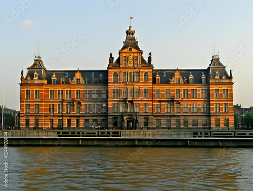 Grand Building Stands Majestically by the Water with Architectural Details in Vibrant Colors