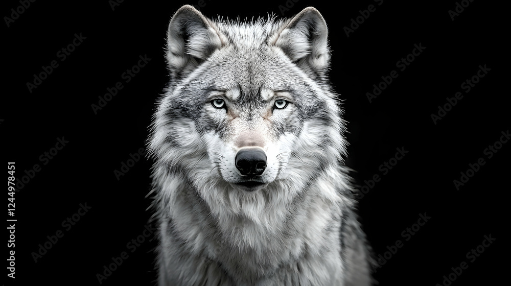 Fototapeta premium Majestic grey wolf portrait, black background, wildlife, nature