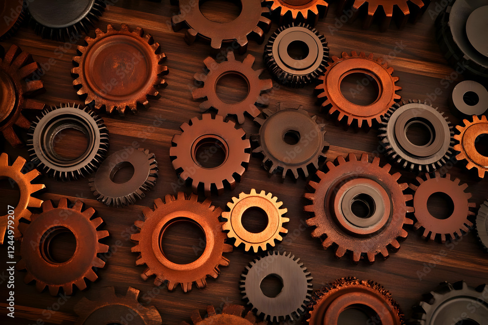 An Array of Copper and Black Gears Rests on a Wooden Surface An Array of Copper and Black Gears Rests on a Wooden Surface