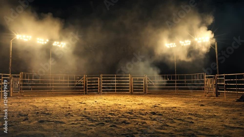Nighttime rodeo arena with bright floodlights and dust in motion