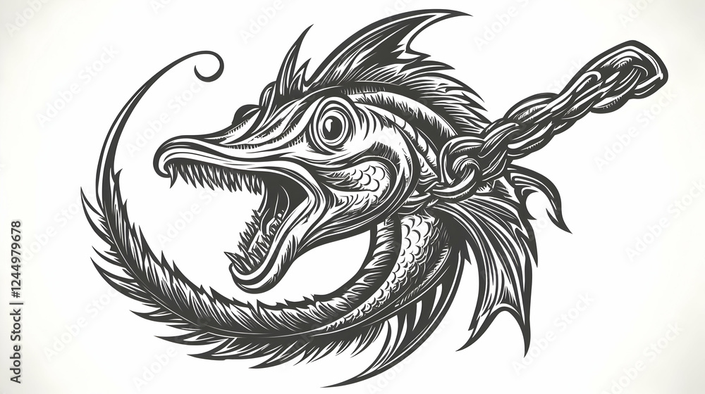 Fototapeta premium Fierce Fish Illustration with Chain and Feather Elements in a Circular Design.