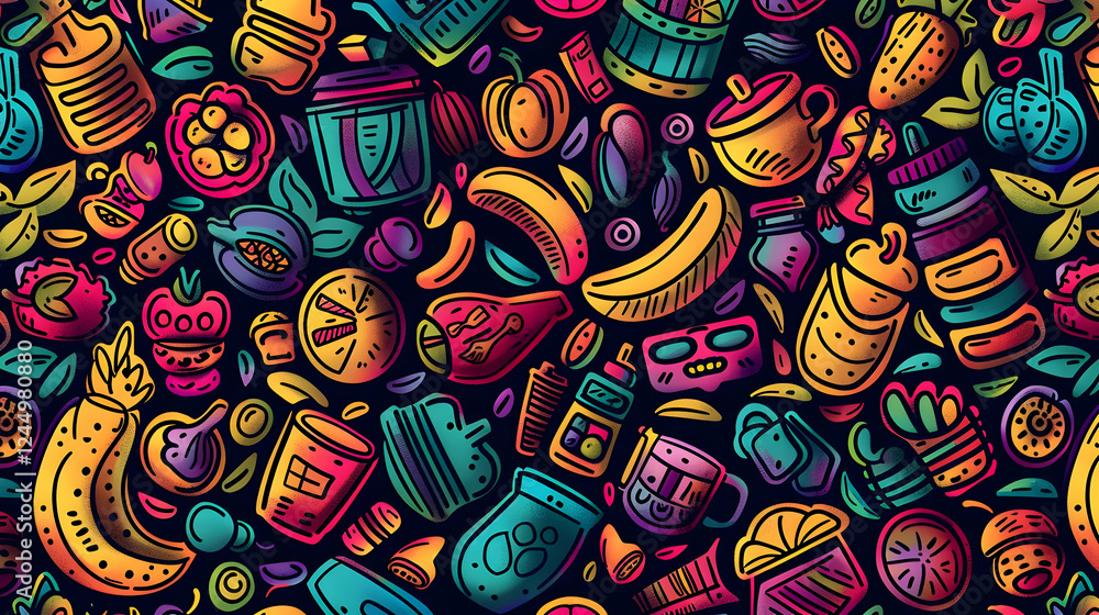 Fototapeta premium Colorful and vibrant illustration of various food and drink items scattered across a dark background