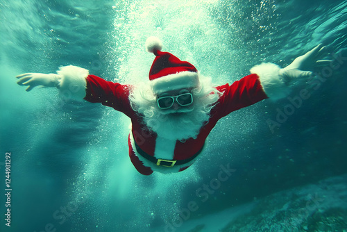 Holiday Figure Swims Underwater in Festive Costume Wearing Diving Goggles Gracefully. photo