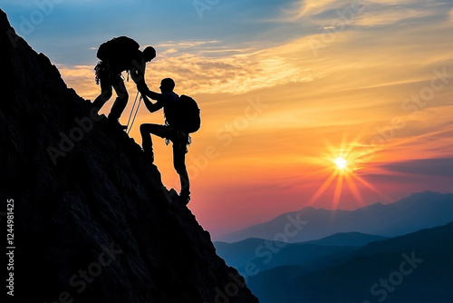Silhouette of two people climbing a rock with the sun setting behind mountain range