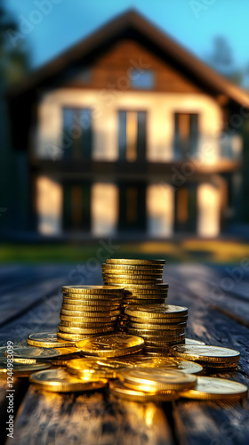 Golden Coins Stacked on a W...