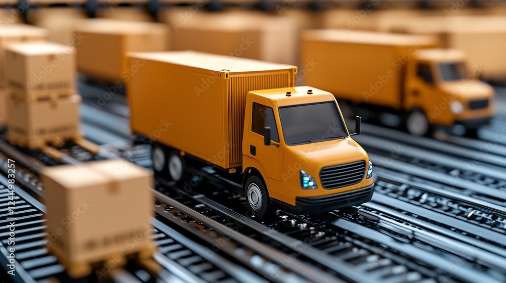 Miniature Orange Delivery Trucks On Rail Tracks With Cardboard Boxes Miniature Orange Delivery Trucks On Rail Tracks With Cardboard Boxes