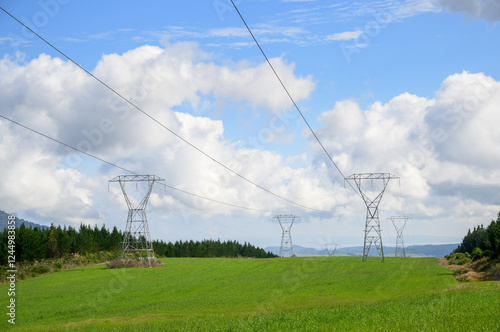 Obraz na płótnie Power pylons and power lines on green meadow. North Island. New Zealand. w salonie