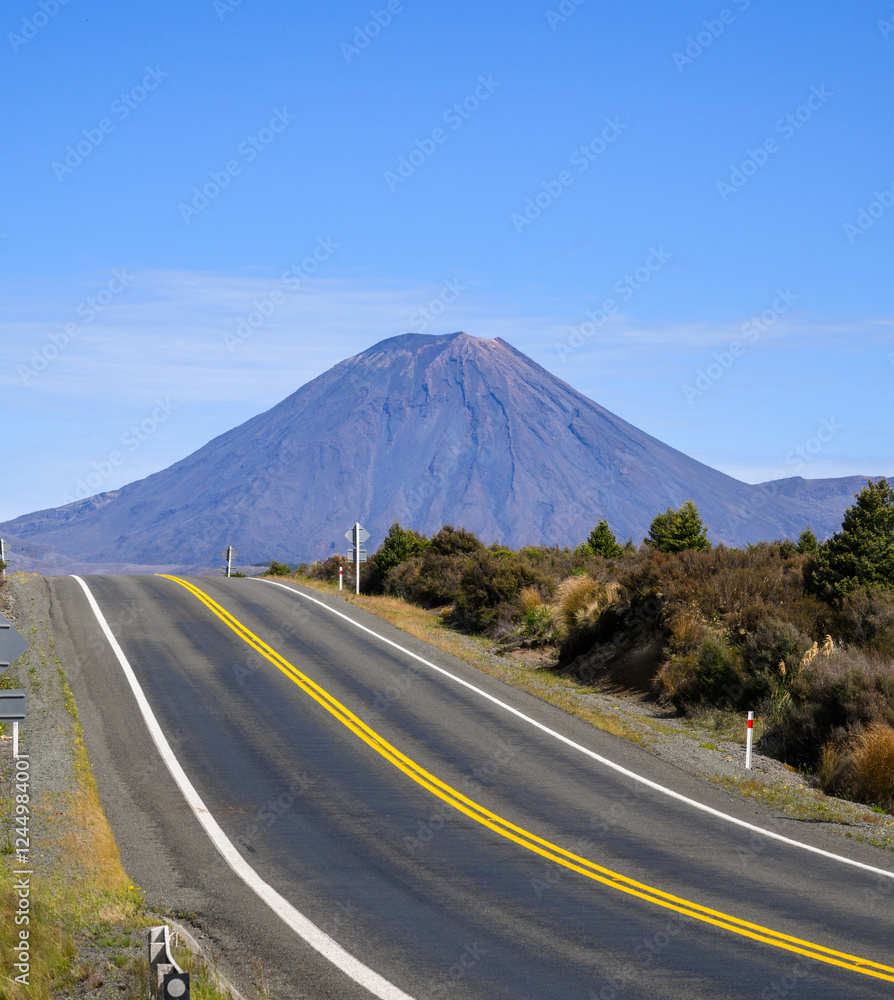 Desert Road with the view of Mount Ngauruhoe. Tongariro National Park. New Zealand.