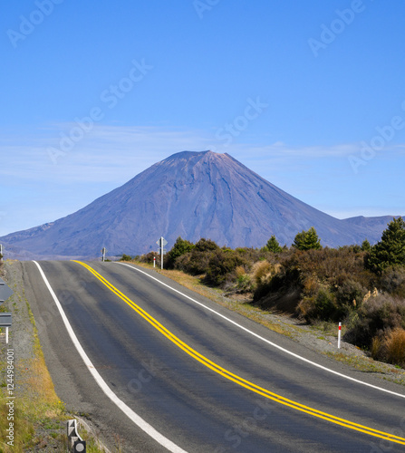 Obraz na płótnie Desert Road with the view of Mount Ngauruhoe. Tongariro National Park. New Zealand. w salonie