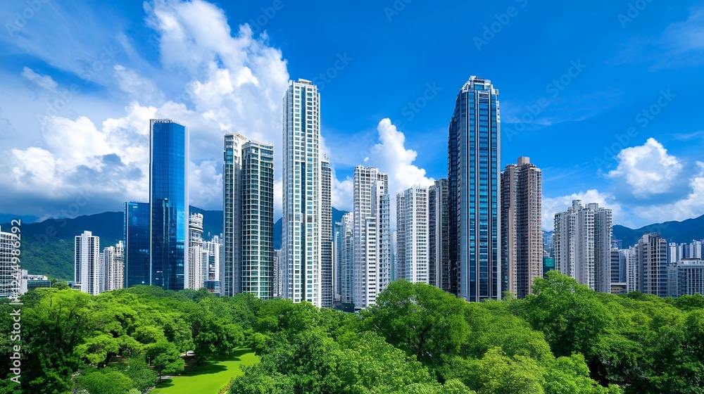 Modern City Skyline With Lush Greenery Under A Blue Sky Modern City Skyline With Lush Greenery Under A Blue Sky