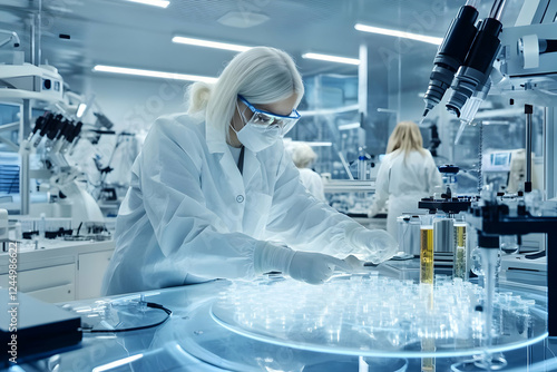Scientist analyzes samples ...