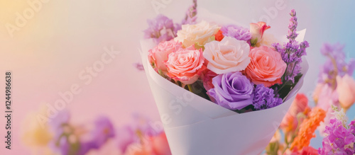 bouquet of colorful flowers wrapped in white paper, featuring roses and lavender, creates cheerful and vibrant atmosphere. Perfect for celebrations or gifts