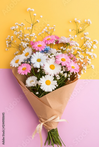 beautiful bouquet of pink, white, and blue daisies wrapped in brown paper, set against vibrant yellow and pink background, evokes feelings of joy and freshness