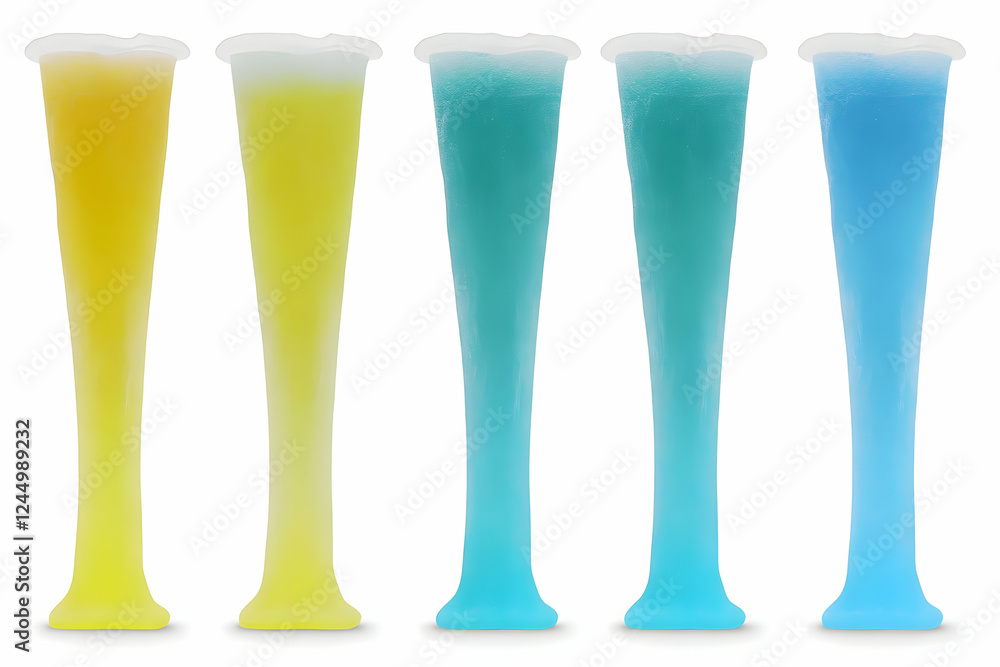 Five Tall Frosted Glasses Filled with Yellow and Blue Beverages Stand on White Background, Showcase Vibrant Colors and Refreshing Appearance. Five Tall Frosted Glasses Filled with Yellow and Blue Beverages Stand on White Background, Showcase Vibrant Colors and Refreshing Appearance.