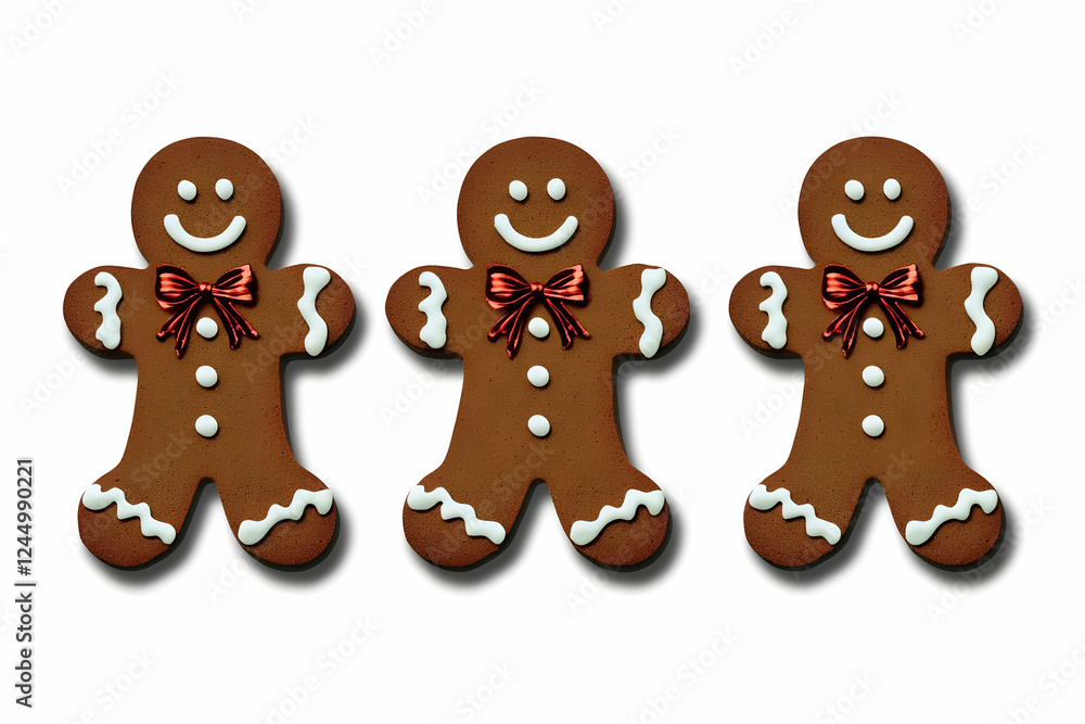Three Gingerbread Men Cookies Decorated with Red Bows and White Icing on a White Background Three Gingerbread Men Cookies Decorated with Red Bows and White Icing on a White Background