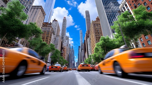 Motion Blur Of Yellow Cabs Speeding Down A City Street With Tall Buildings And Blue Sky