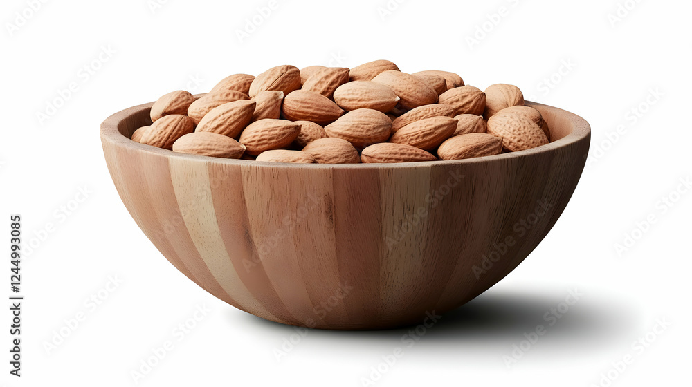 Shelled Nuts Piled in a Wooden Bowl on a White Background with Detailed Textures Shelled Nuts Piled in a Wooden Bowl on a White Background with Detailed Textures