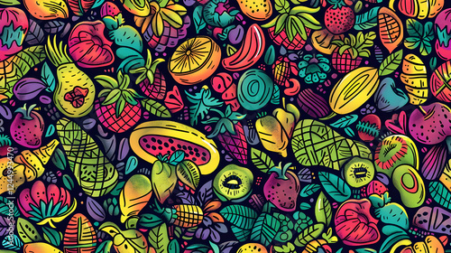 Vibrant Pattern of Various Fruits with Colorful Details Against a Dark Background photo