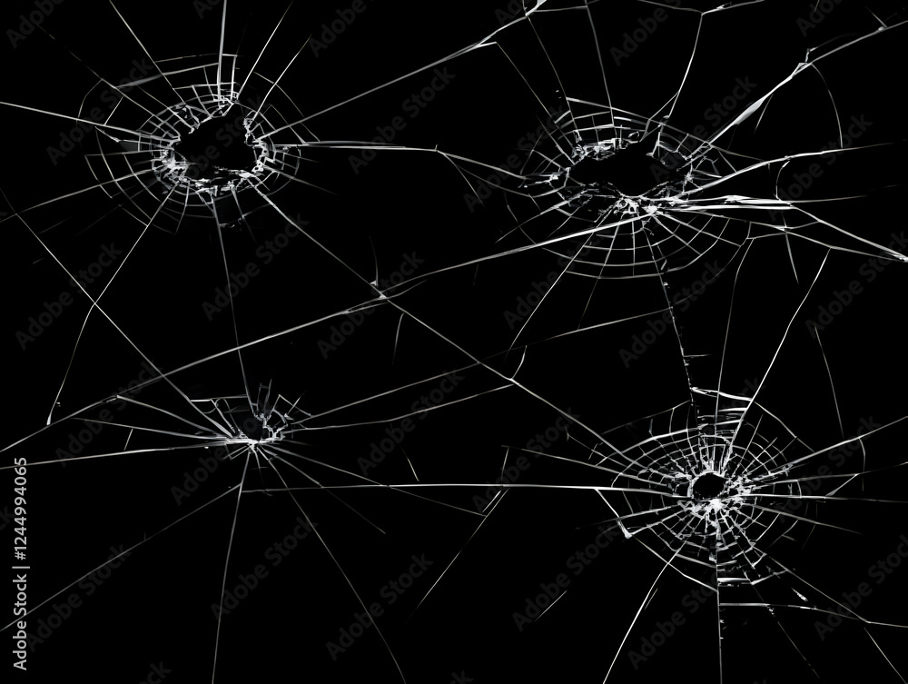 Shattered Glass Displays Multiple Bullet Holes on a Dark Background, Creating a Dramatic Visual. Shattered Glass Displays Multiple Bullet Holes on a Dark Background, Creating a Dramatic Visual.