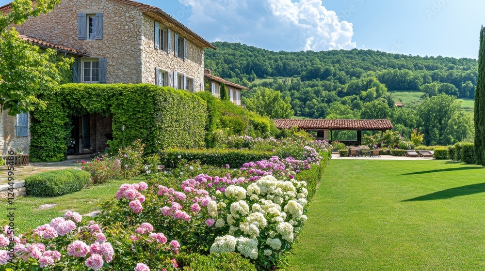 Obraz premium Blooming rose bushes and hydrangeas surrounding a charming French house with lush greenery.