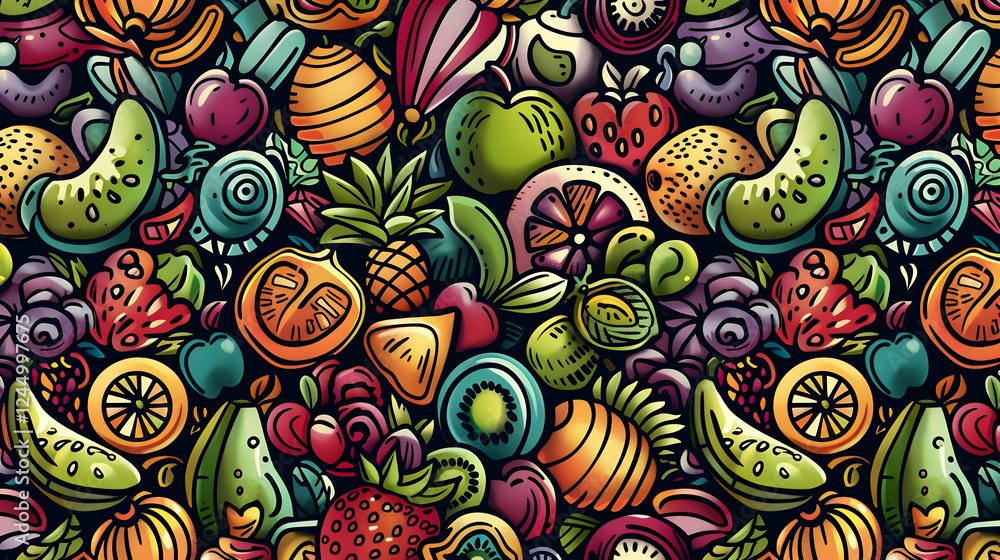 Vibrant and Colorful Fruit Pattern with Various Tropical and Seasonal Fruits in a Decorative Design Vibrant and Colorful Fruit Pattern with Various Tropical and Seasonal Fruits in a Decorative Design