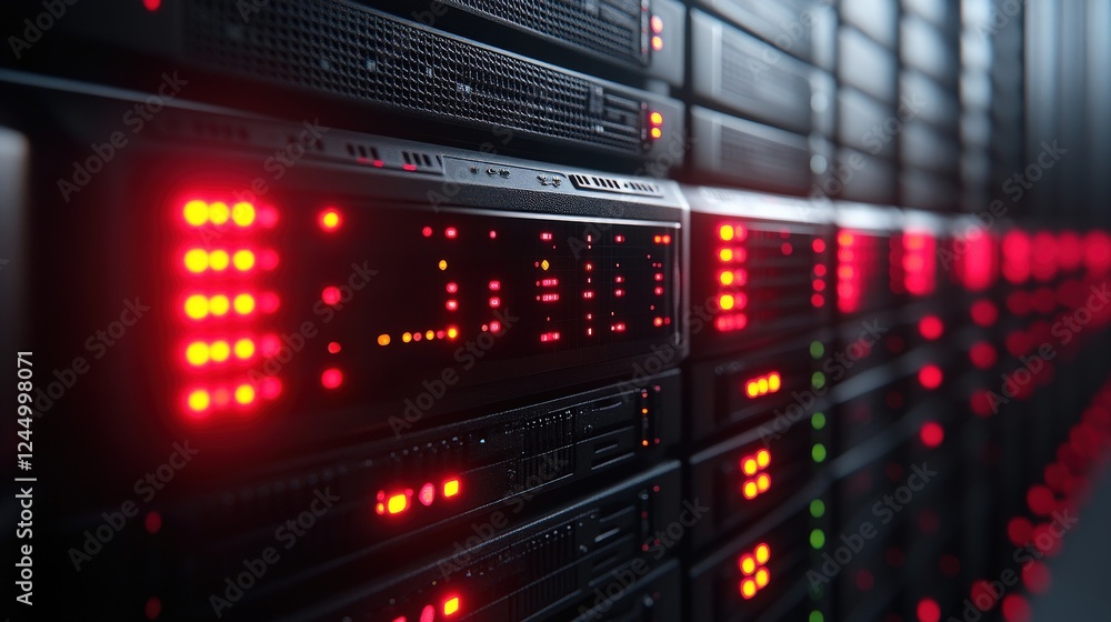 Close-up of illuminated server racks showcasing data processing in a modern data center Close-up of illuminated server racks showcasing data processing in a modern data center