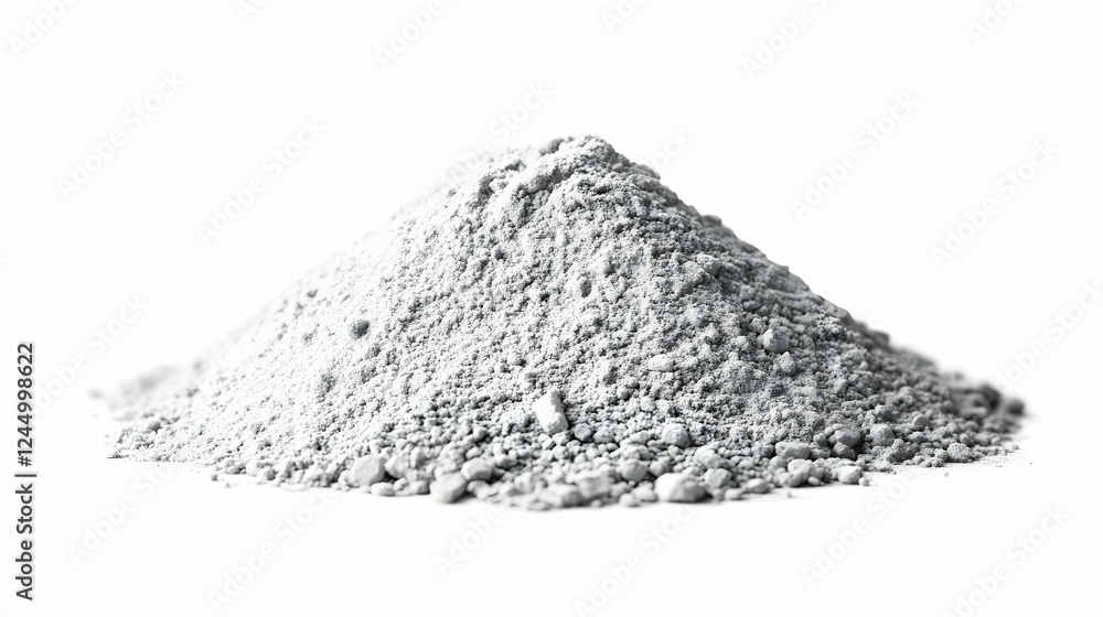 Fototapeta premium Gray cement powder forms a small mound on a clean white background, perfect for construction projects.
