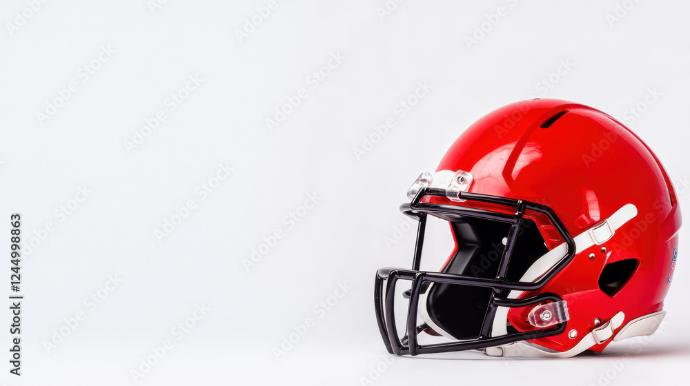 Fototapeta premium vibrant red football helmet positioned on clean white background, showcasing its sleek design and protective features. Perfect for sports enthusiasts and team branding